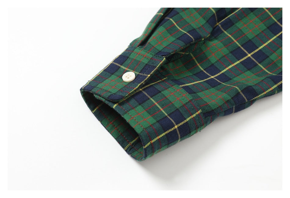 Close-up of a plaid shirt cuff with a single cream-colored button.