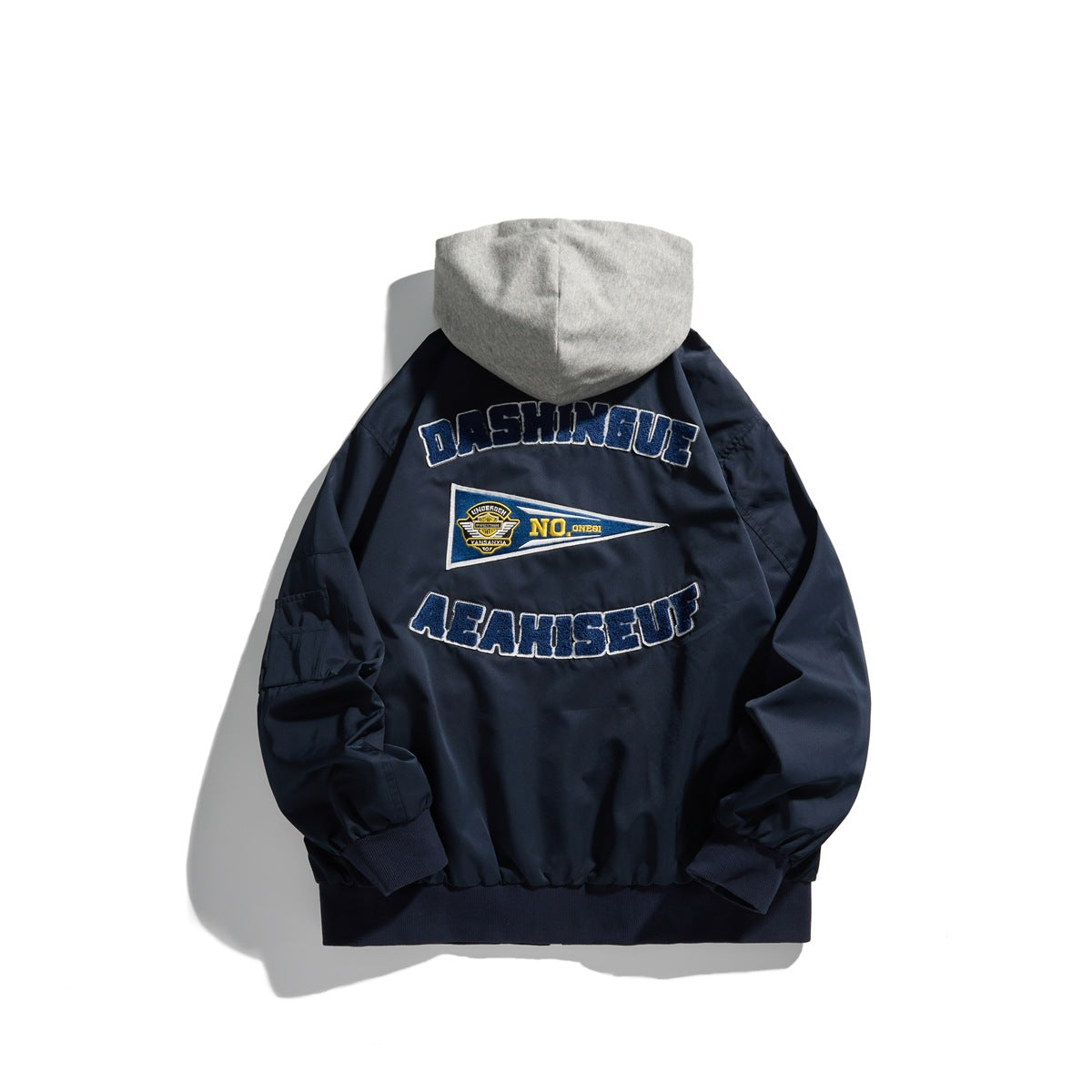 Back of navy zip hooded jacket with gray hood, embroidered navy lettering and pennant patch, ribbed hem and cuffs