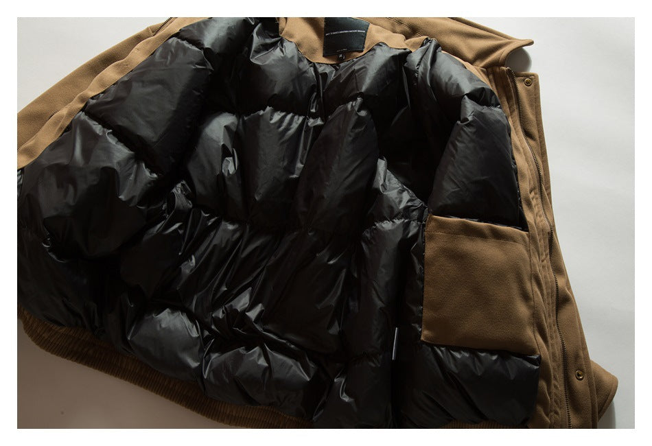 Brown jacket opened flat to show its black quilted lining, inner pocket, and zipper.