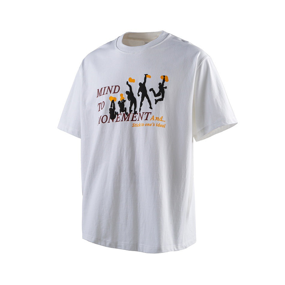 White short-sleeve crew-neck T-shirt with MIND TO MONEMENT graphic and black silhouettes with orange shapes, angled view