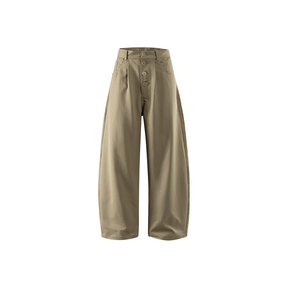 Khaki wide-leg barrel pants with a four-button front, pleat and belt loops, flat front view on white