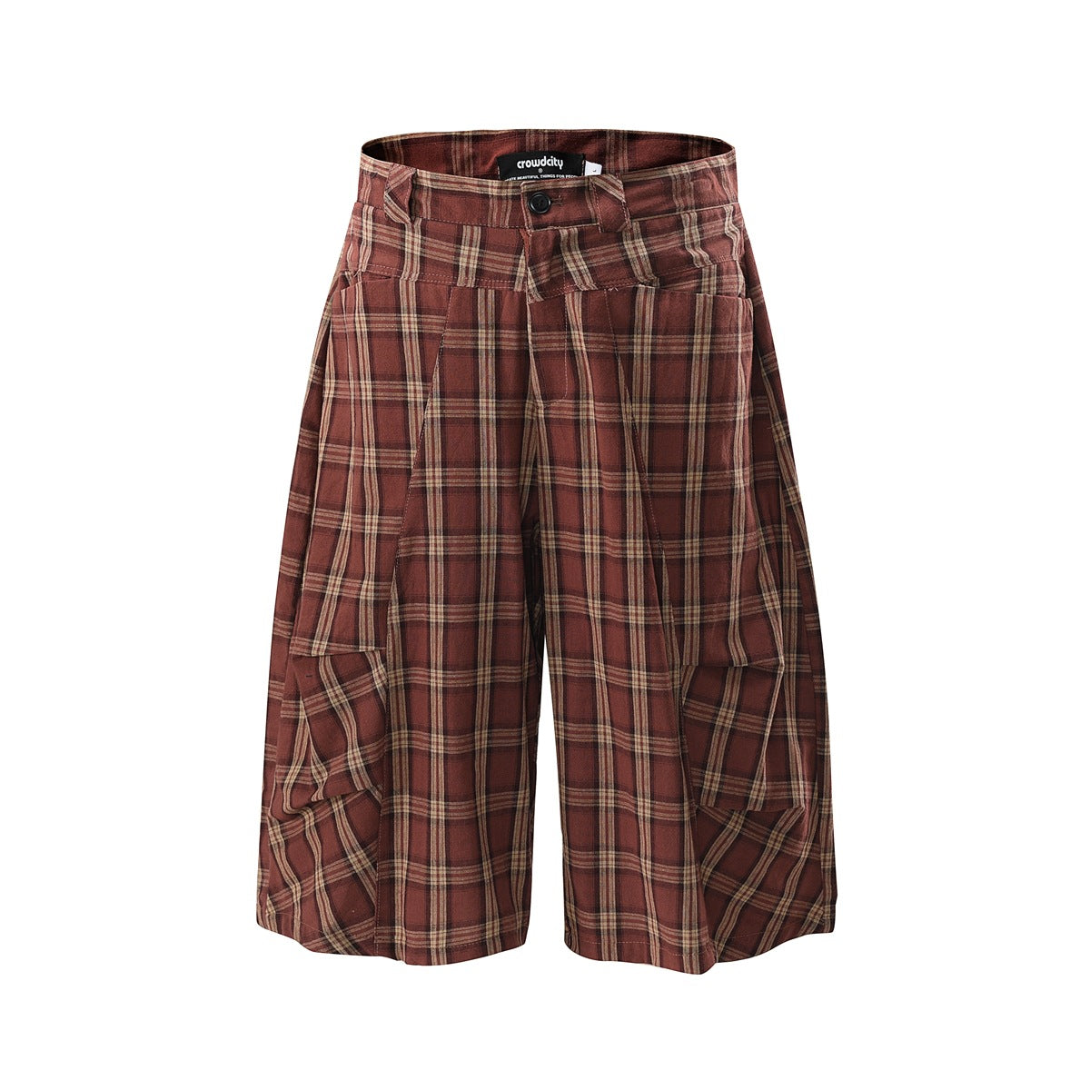 Red-brown plaid knee-length wide-leg shorts with oversized side pockets and button waistband, front view