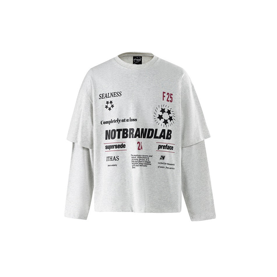 Heather gray layered long-sleeve top with black and burgundy star graphic print on the front