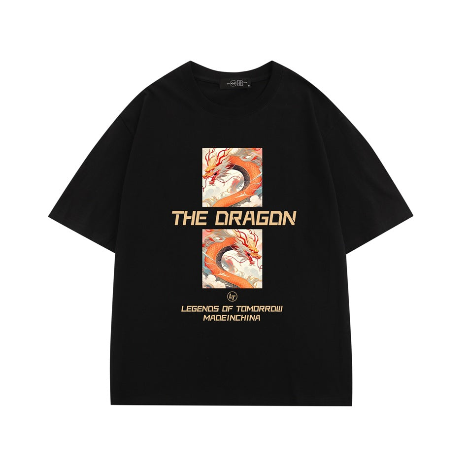 Black short-sleeve T-shirt with orange dragon illustration and 'THE DRAGON' lettering on the front