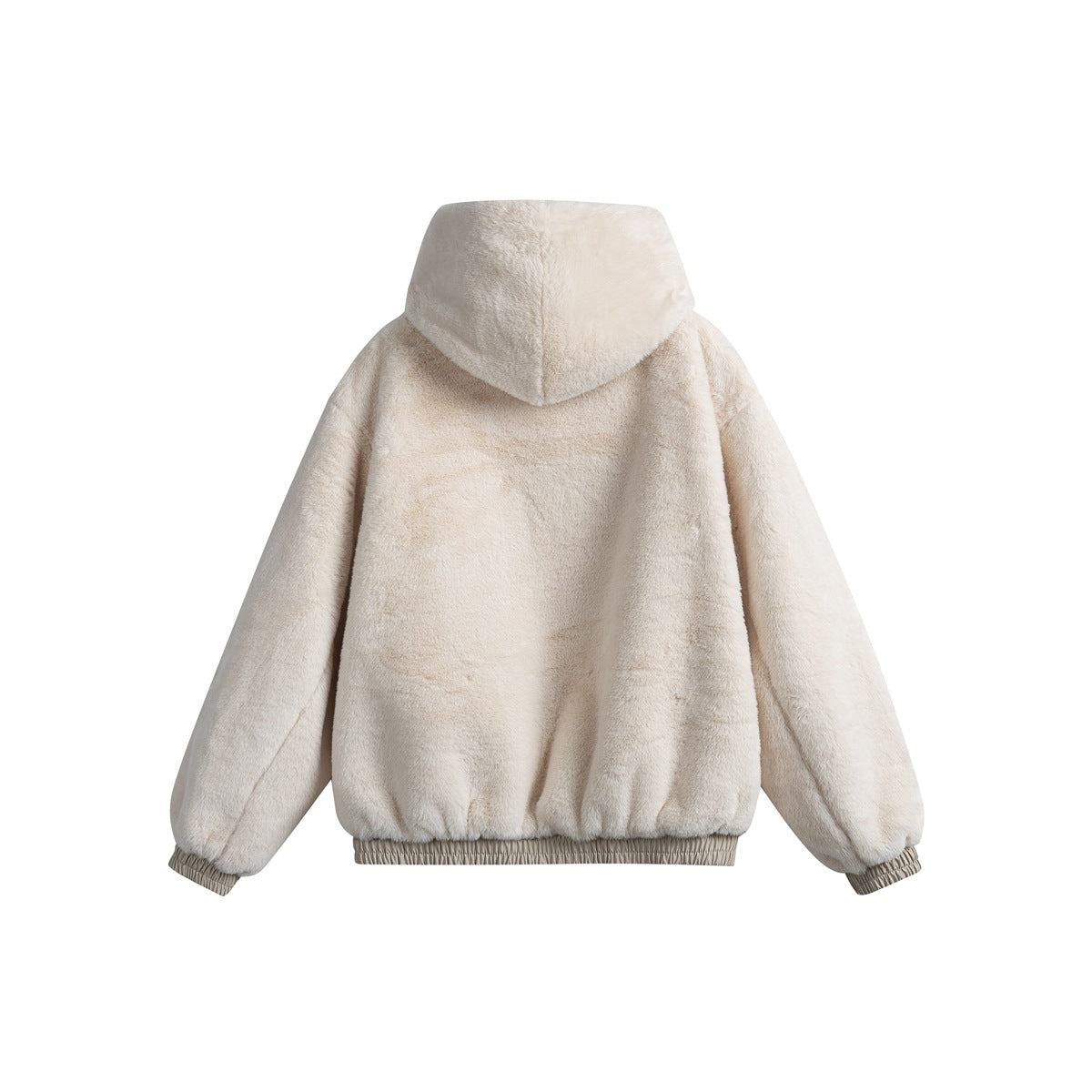Back view of an ivory plush hooded jacket with long sleeves and gathered cuffs and hem.