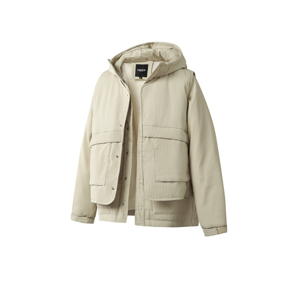 Front view of a light beige hooded jacket with vertical ribbing, snap closure, and large front pockets.