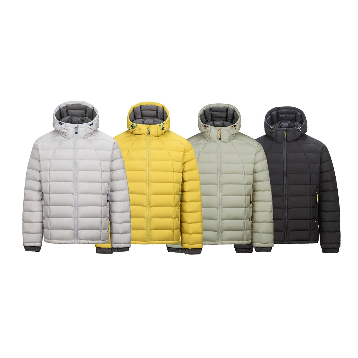 Four hooded quilted jackets shown from the front in light gray, yellow, pale sage, and black.