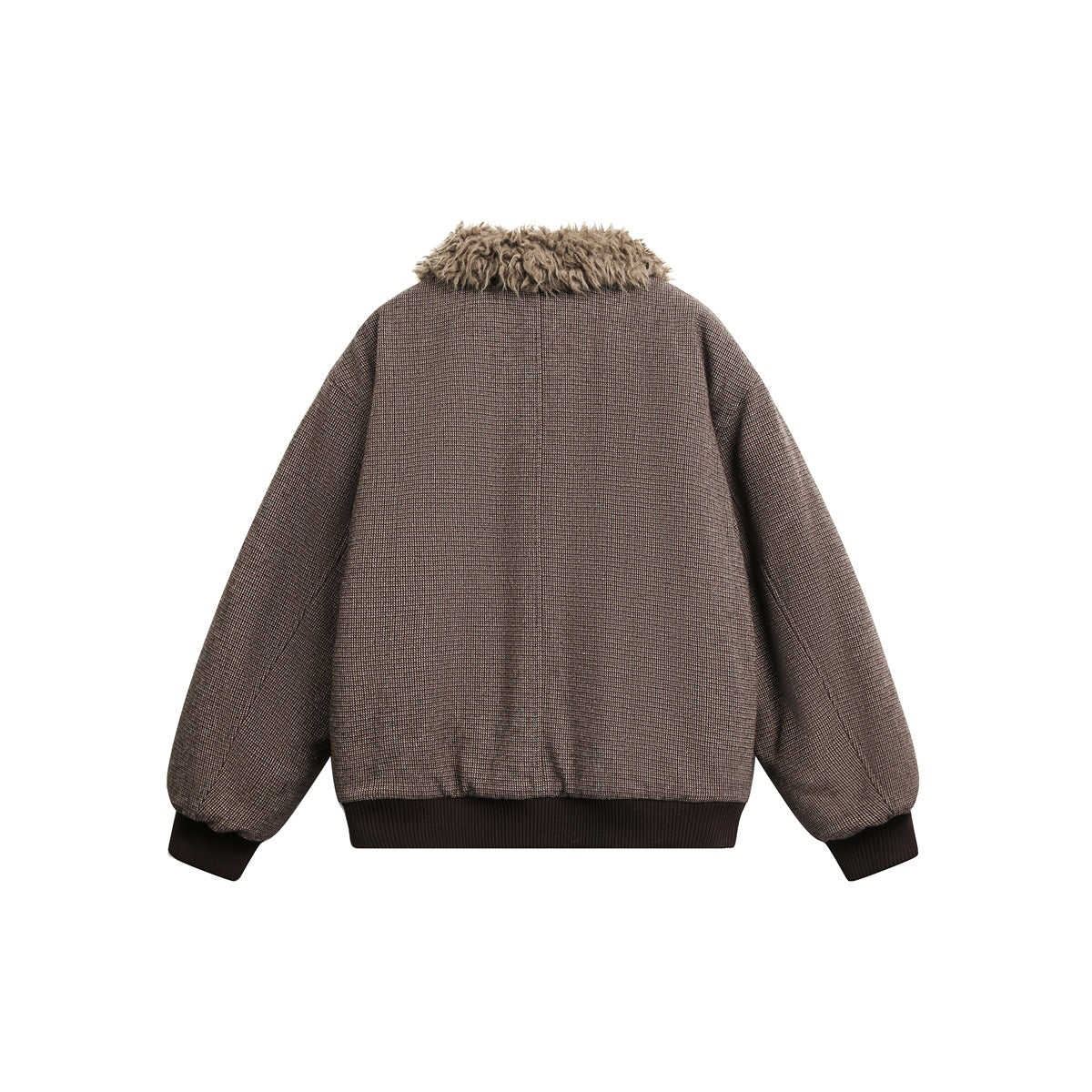 Back view of a brown textured jacket with a faux-fur collar and dark ribbed cuffs and hem.