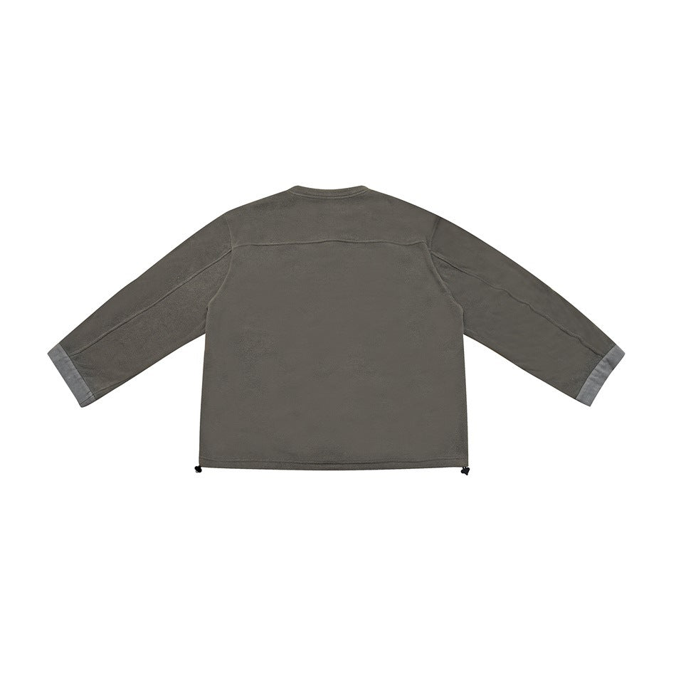 Back view of an olive-gray long-sleeve fleece pullover with contrasting cuffs and hem drawcords.