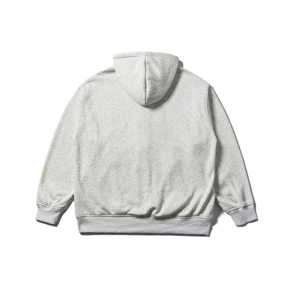 Back view of a light heather gray hoodie with a hood, long sleeves, and ribbed cuffs and hem.