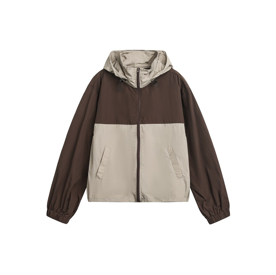 Brown and khaki color-block hooded zip jacket flat front view with elastic cuffs and slanted pockets
