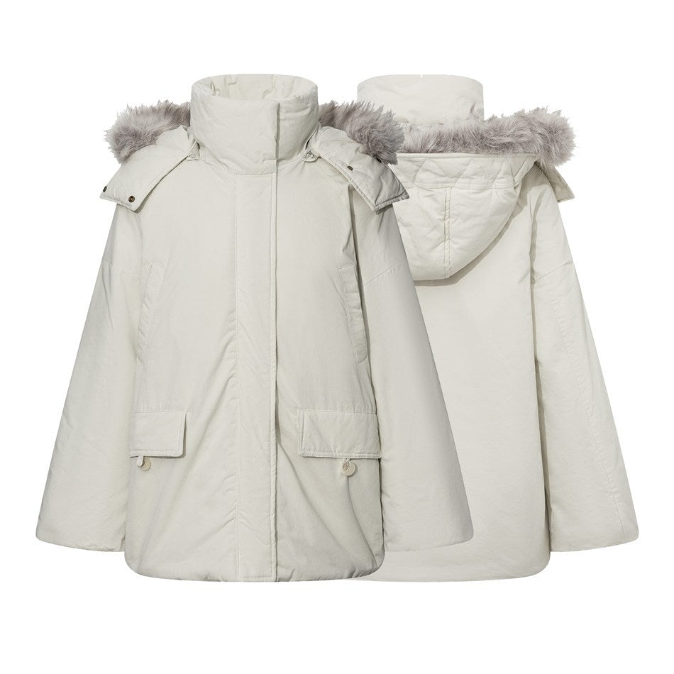 Ivory hooded coat shown from the front and back, with gray fur trim, a high collar, and flap pockets.