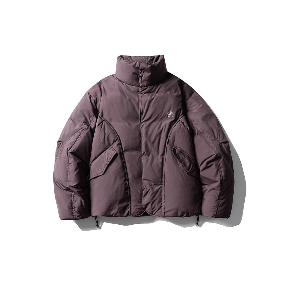 Muted purple stand-collar quilted puffer jacket, front view flat lay, with flap pockets and hem drawcords