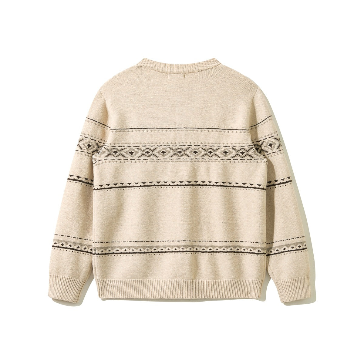 Back view of a cream knit cardigan with dark geometric bands and ribbed cuffs and hem.