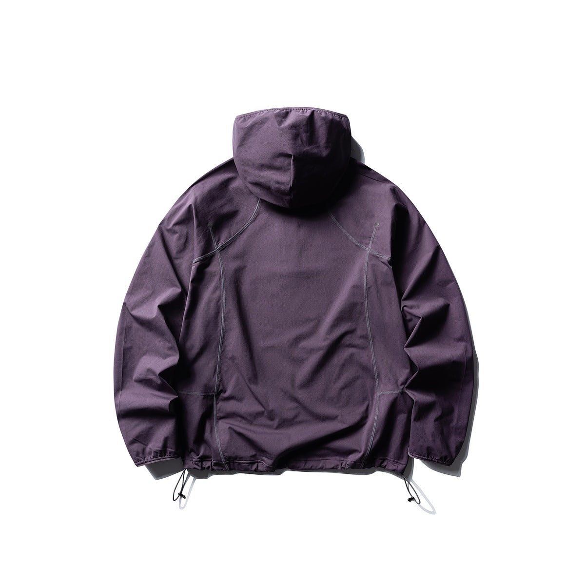 Back view of a muted purple hooded jacket with curved seams and adjustable drawcord hem, laid flat on white.