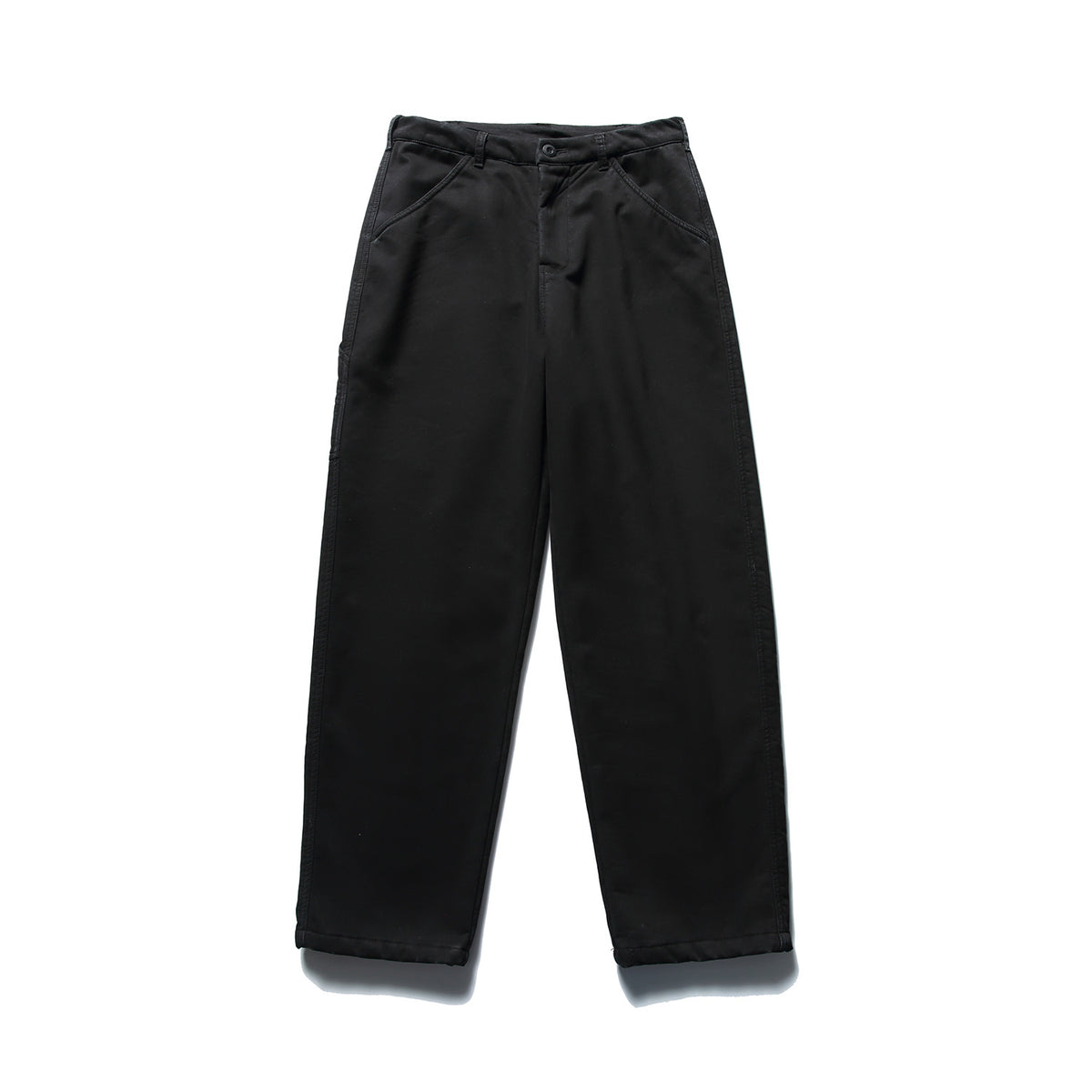 Black wide-leg work-style pants flat lay, front view with button fly, belt loops and slanted pockets