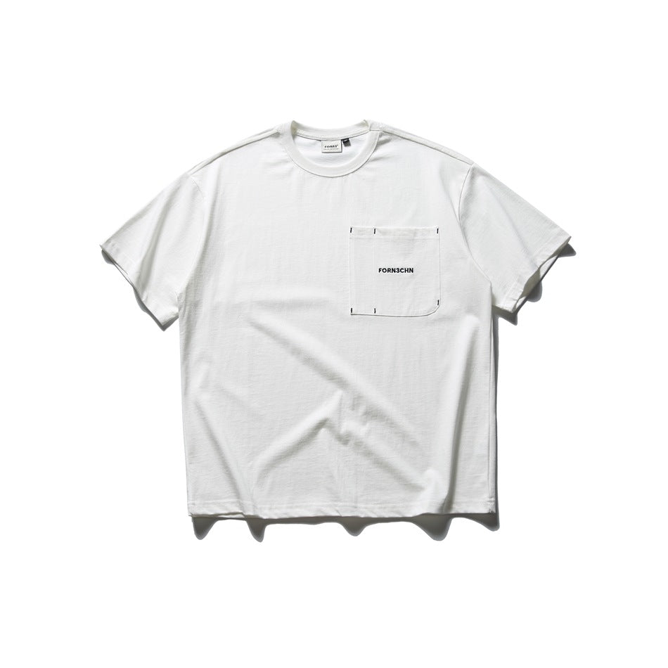 White short-sleeve crew-neck T-shirt flat lay with a patch chest pocket and small contrast stitch marks