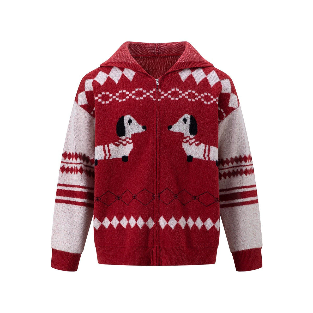 Red zip-front hooded knit cardigan with dachshund jacquard, cream sleeves and diamond borders, flat front view