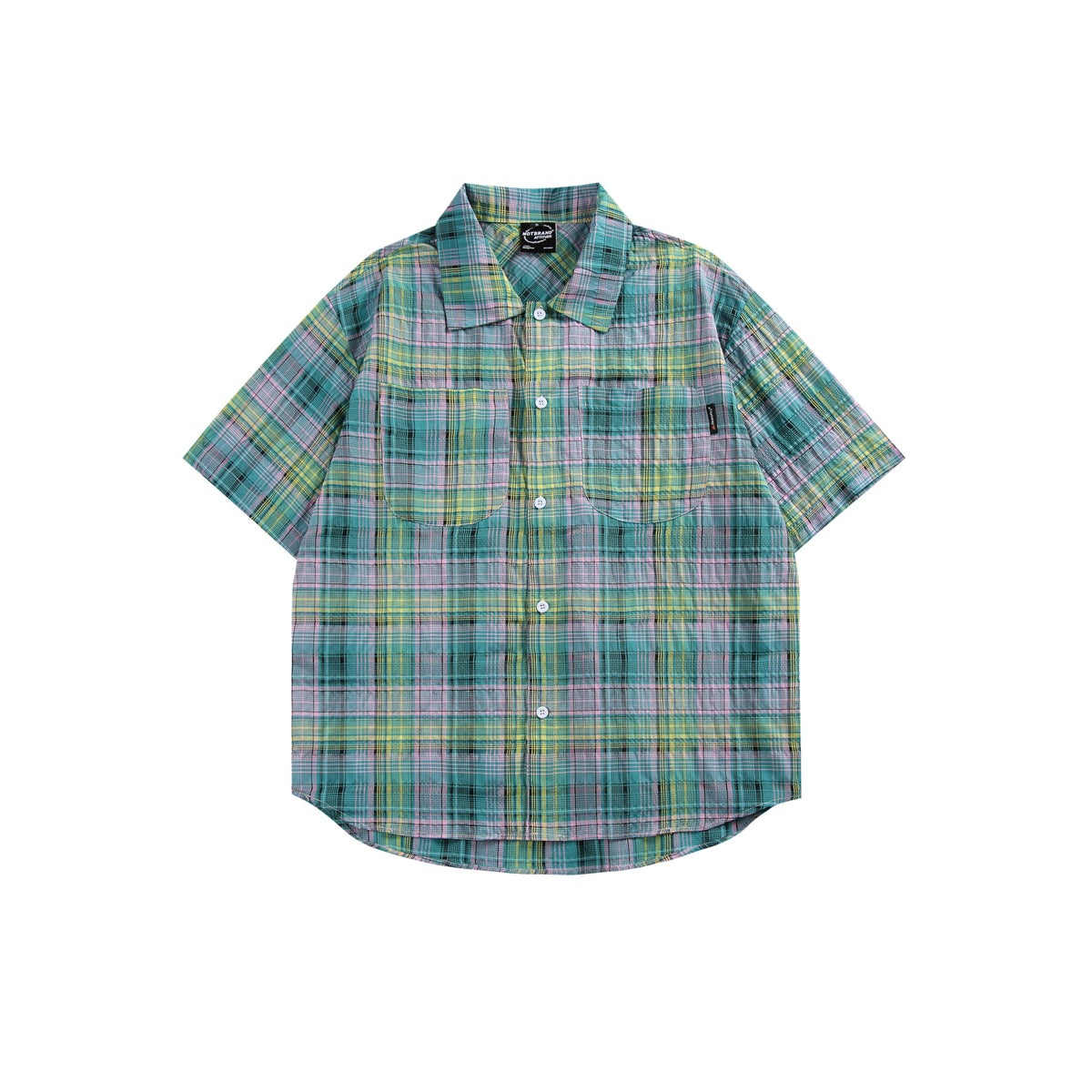 Green plaid short-sleeve button-up shirt flat lay, front view, with two chest patch pockets and a point collar