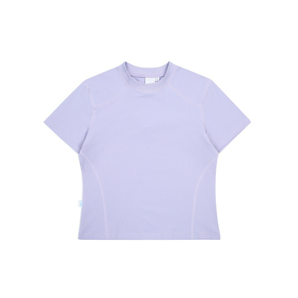 Light purple short-sleeve crew-neck T-shirt with raglan seams and curved side seams, flat lay front view