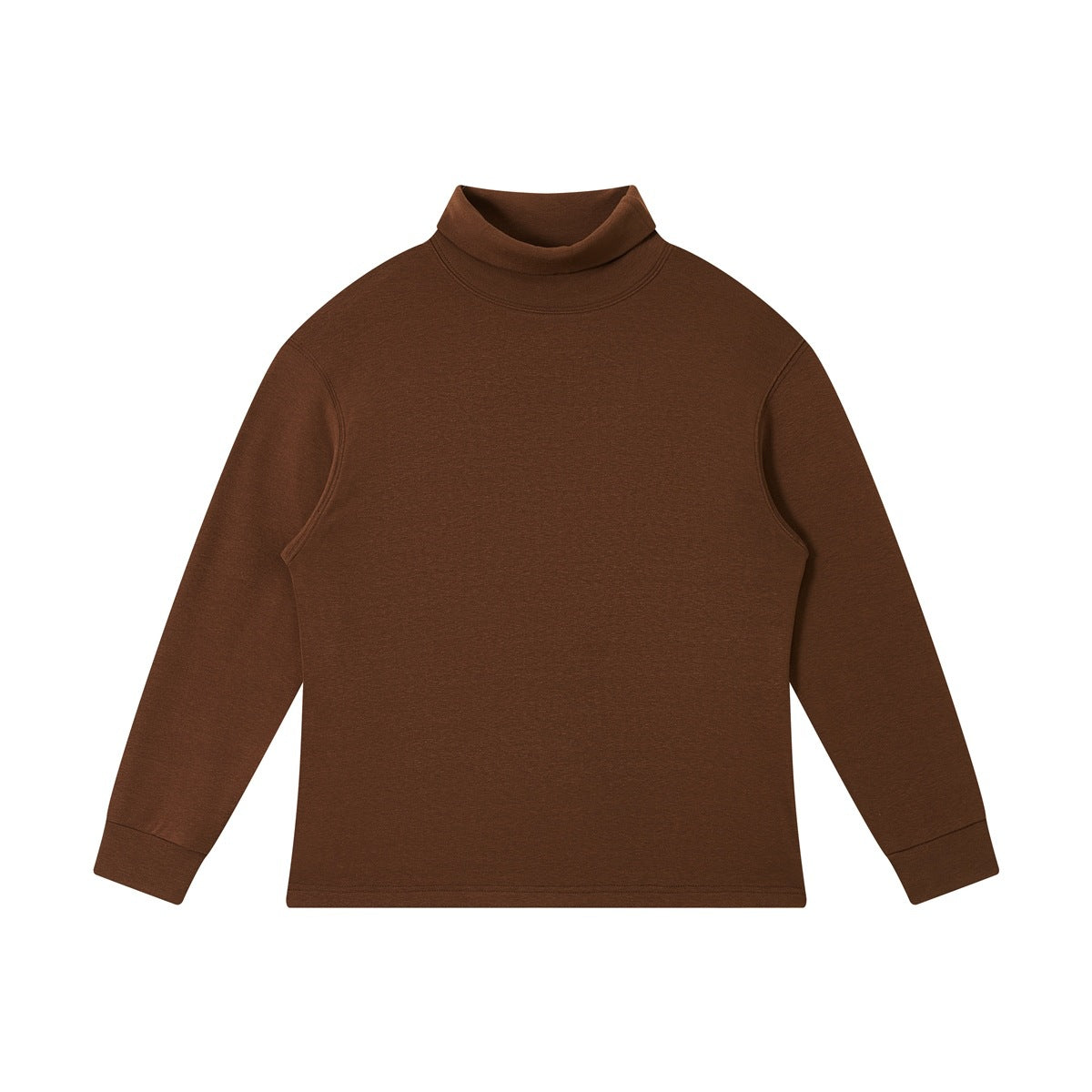 Brown turtleneck long-sleeve pullover flat lay with drop shoulders and ribbed cuffs