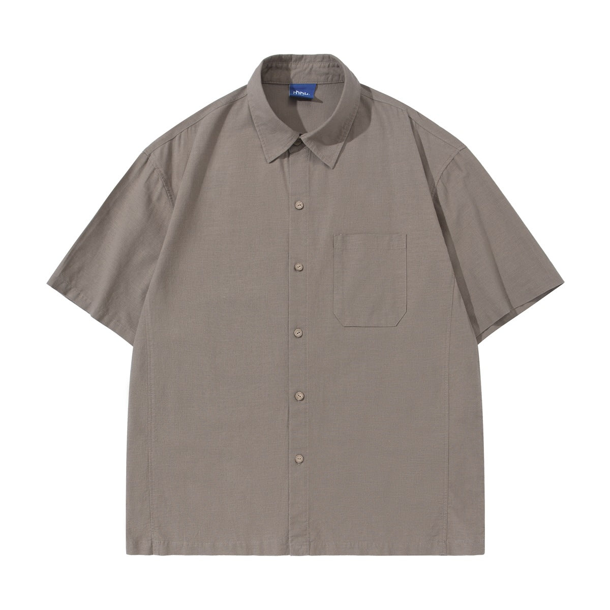 Taupe short-sleeve button-up shirt, flat front view, with pointed collar, chest pocket and a blue neck label