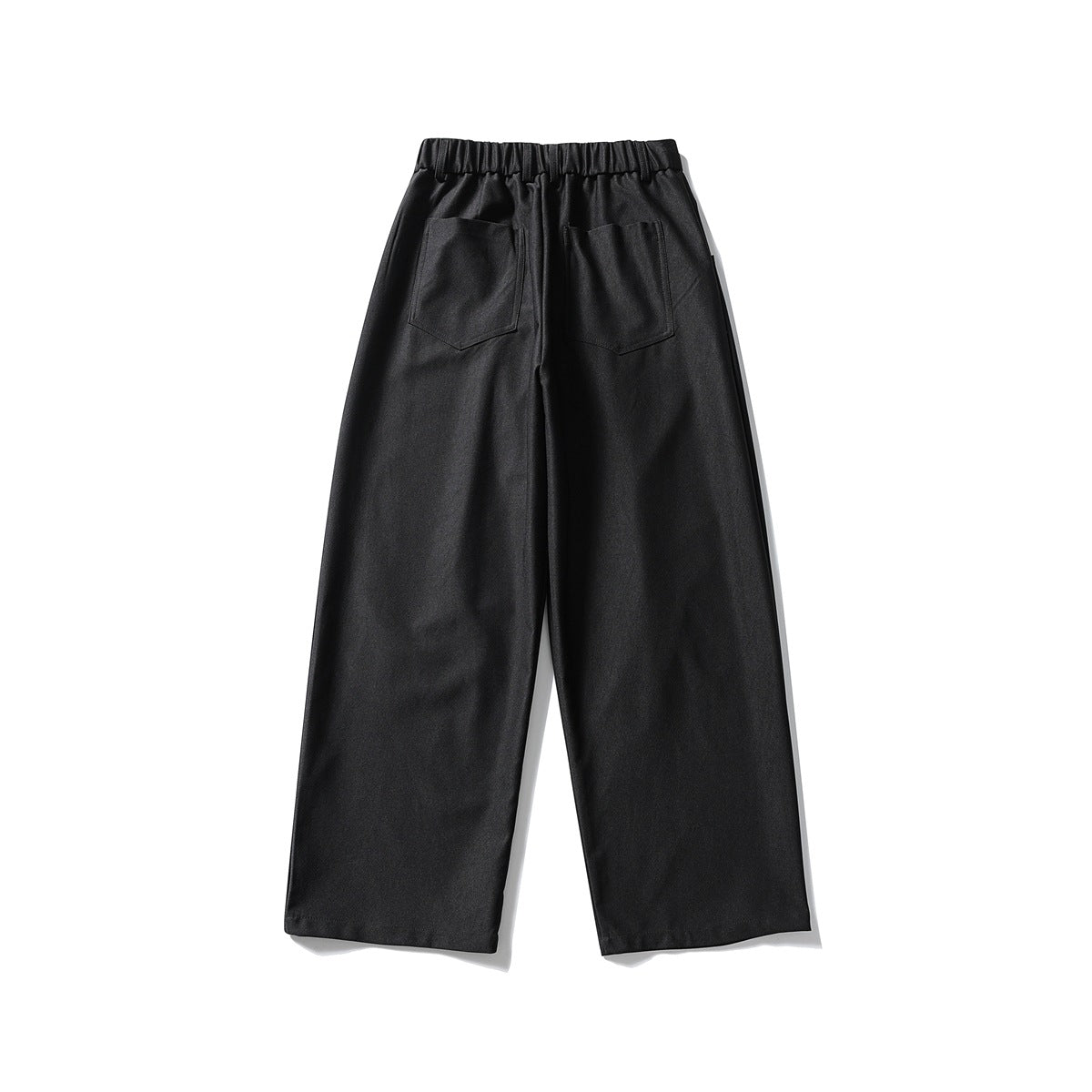 Back view of dark trousers with an elasticated waistband and two patch pockets.