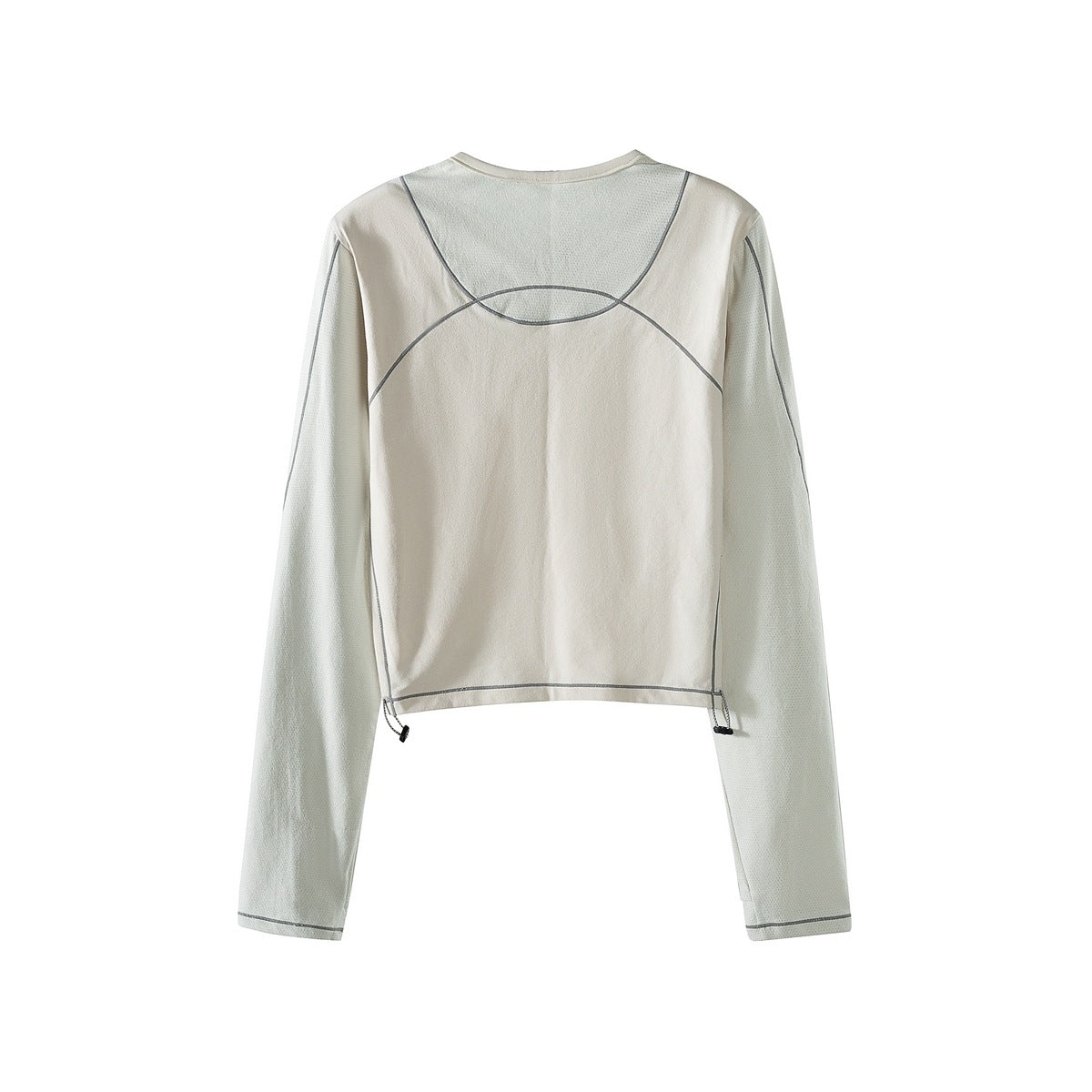 Back view of an off-white cropped long-sleeve top with gray contrast piping and adjustable hem cords.