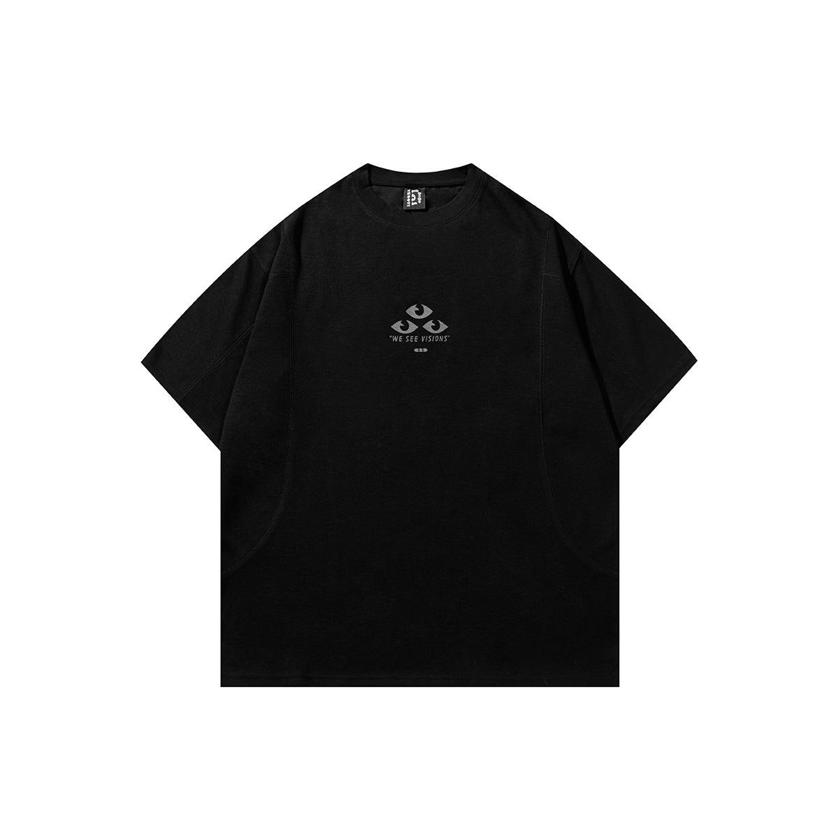 Black short-sleeve crew-neck T-shirt with curved side seams and a small gray three-eyes chest print, flat front view