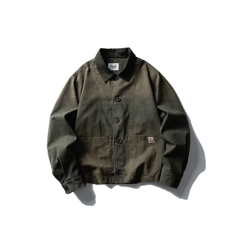 Moss green gradient washed button-front jacket with ribbed collar and two patch pockets, flat lay