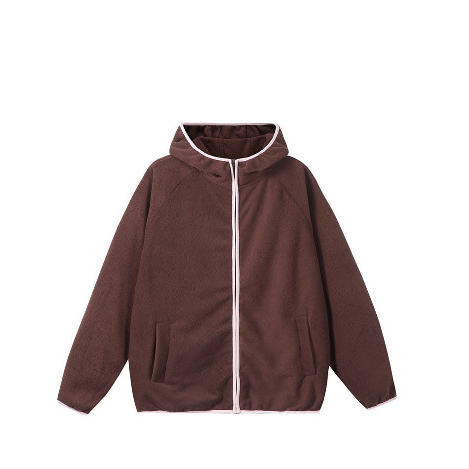 Brown fleece-like zip-up hooded jacket with light pink piping and front slip pockets, front view