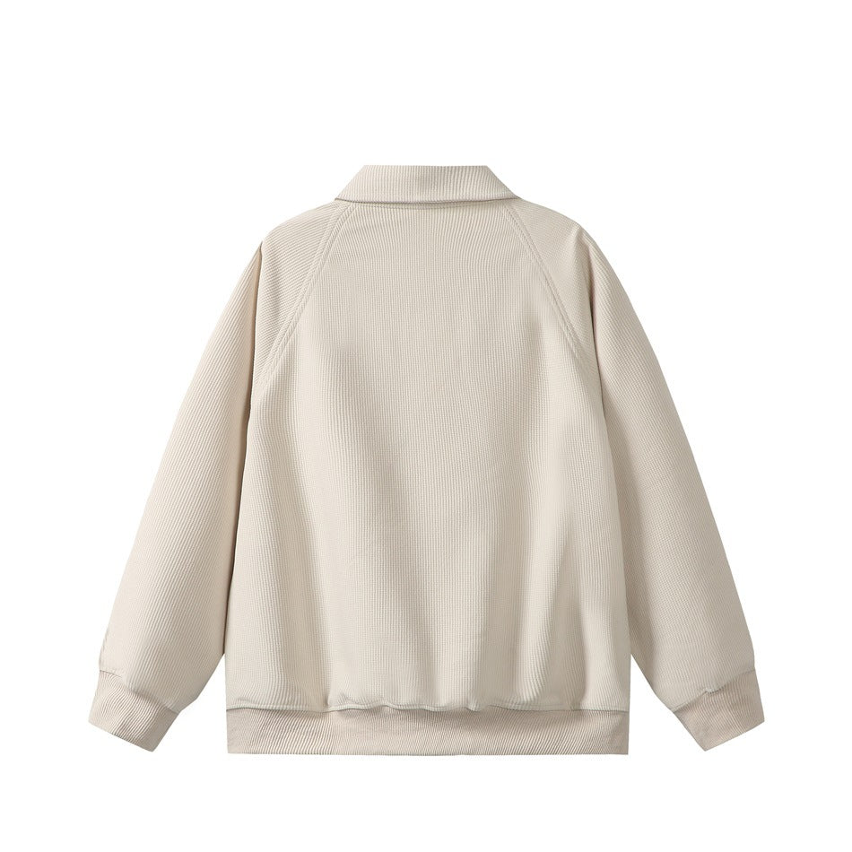 Back view of apricot waffle-knit sweatshirt with polo collar, raglan sleeves and ribbed cuffs and hem, flat lay