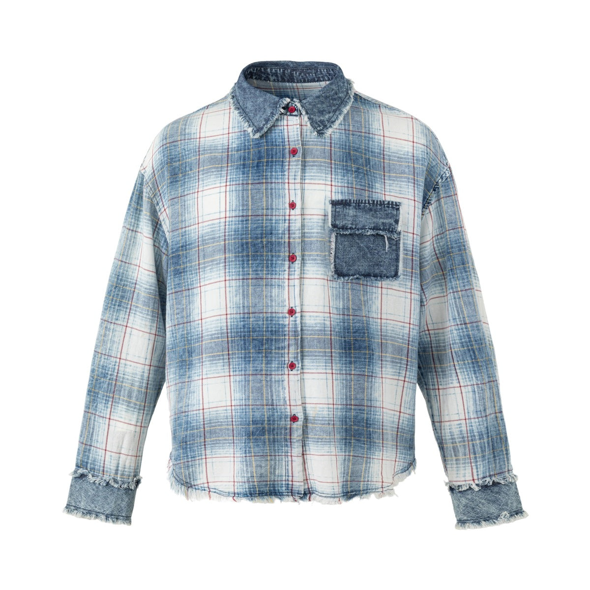 Front of a blue and white plaid long-sleeve shirt with red buttons, denim-look collar, chest pocket, cuffs and frayed edges