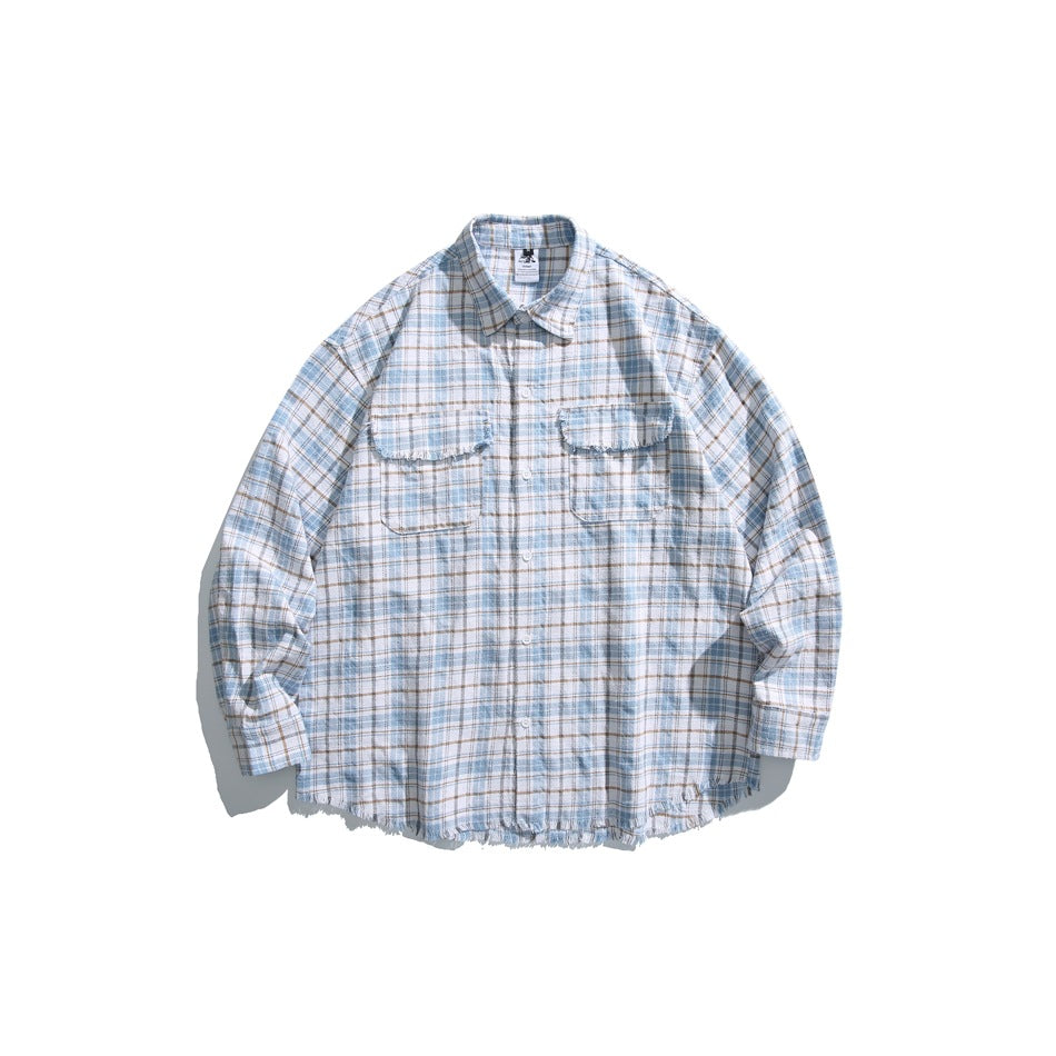Light blue plaid long-sleeve button-up shirt with two flap chest pockets and frayed hem, flat front view