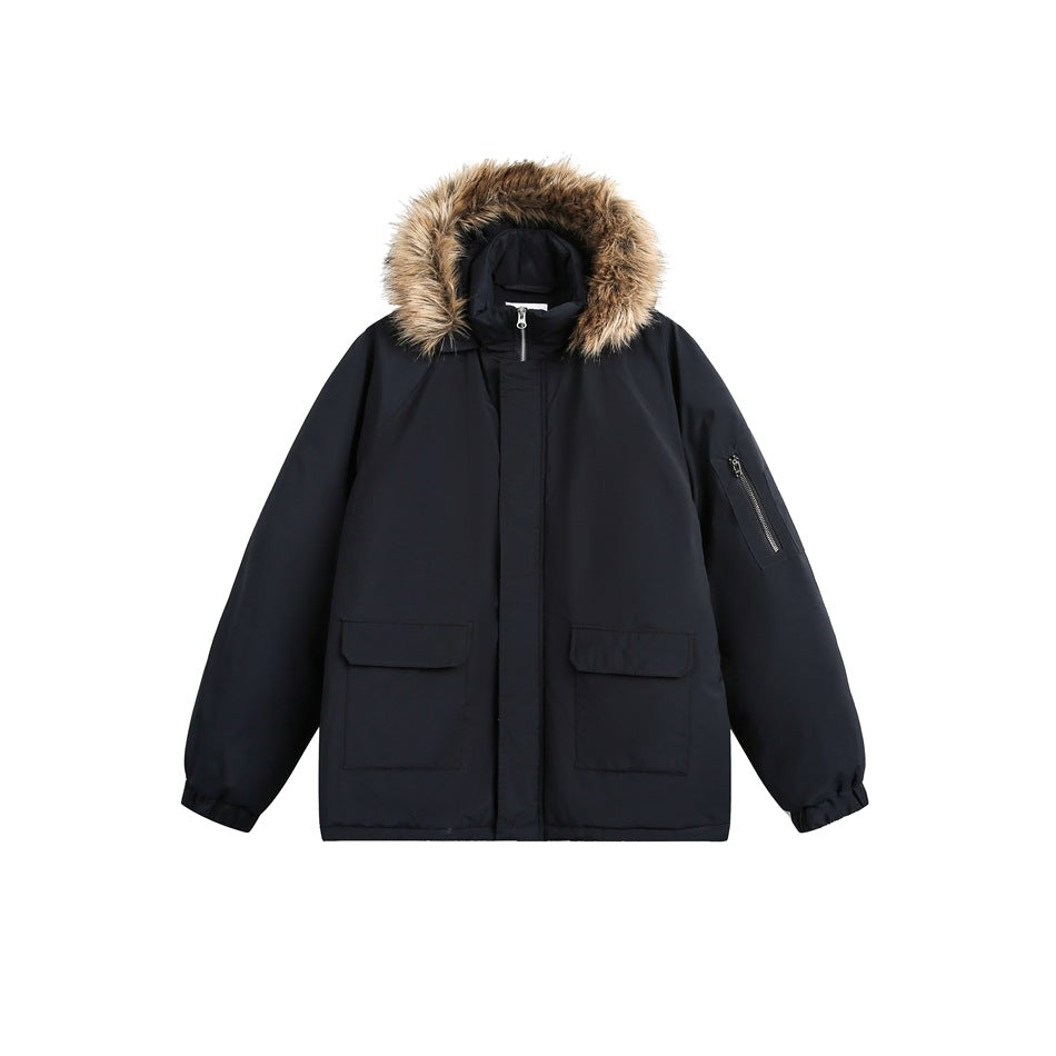 Dark navy hooded jacket with faux fur-style hood trim, front zip, two flap pockets and sleeve zip pocket, flat front view