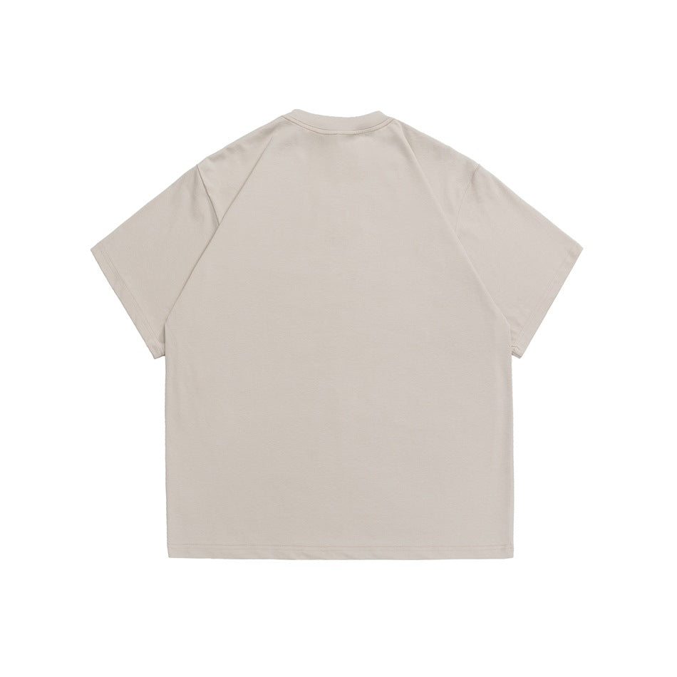 Plain light beige short-sleeve crew-neck T-shirt shown from the back on a white background.