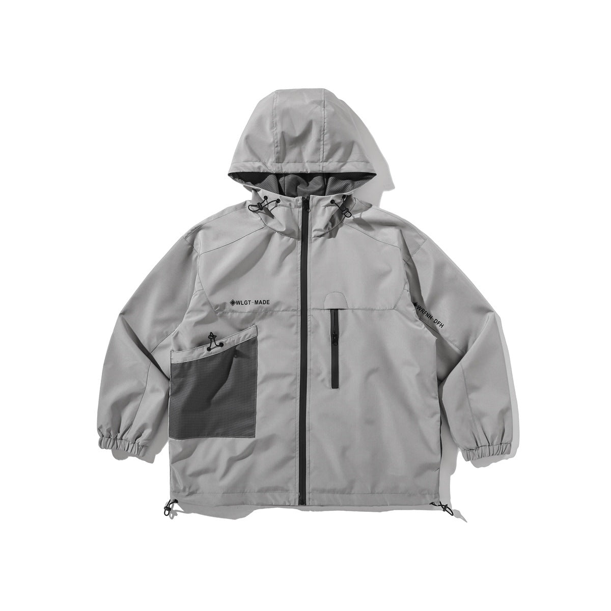 Light gray hooded zip jacket flat lay with large mesh patch pocket, chest zip pocket and elastic cuffs