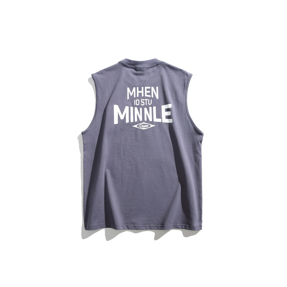 Gray-blue sleeveless crew-neck tank top, back view with white MHEN ID STU MINNLE print and diamond logo