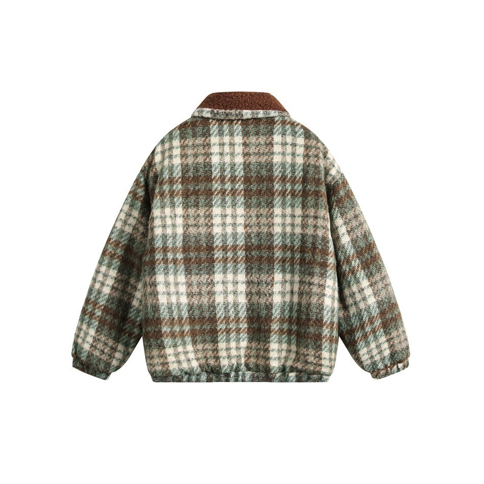 Back view of a brown, cream and muted teal plaid jacket with a contrasting brown collar and gathered hem.
