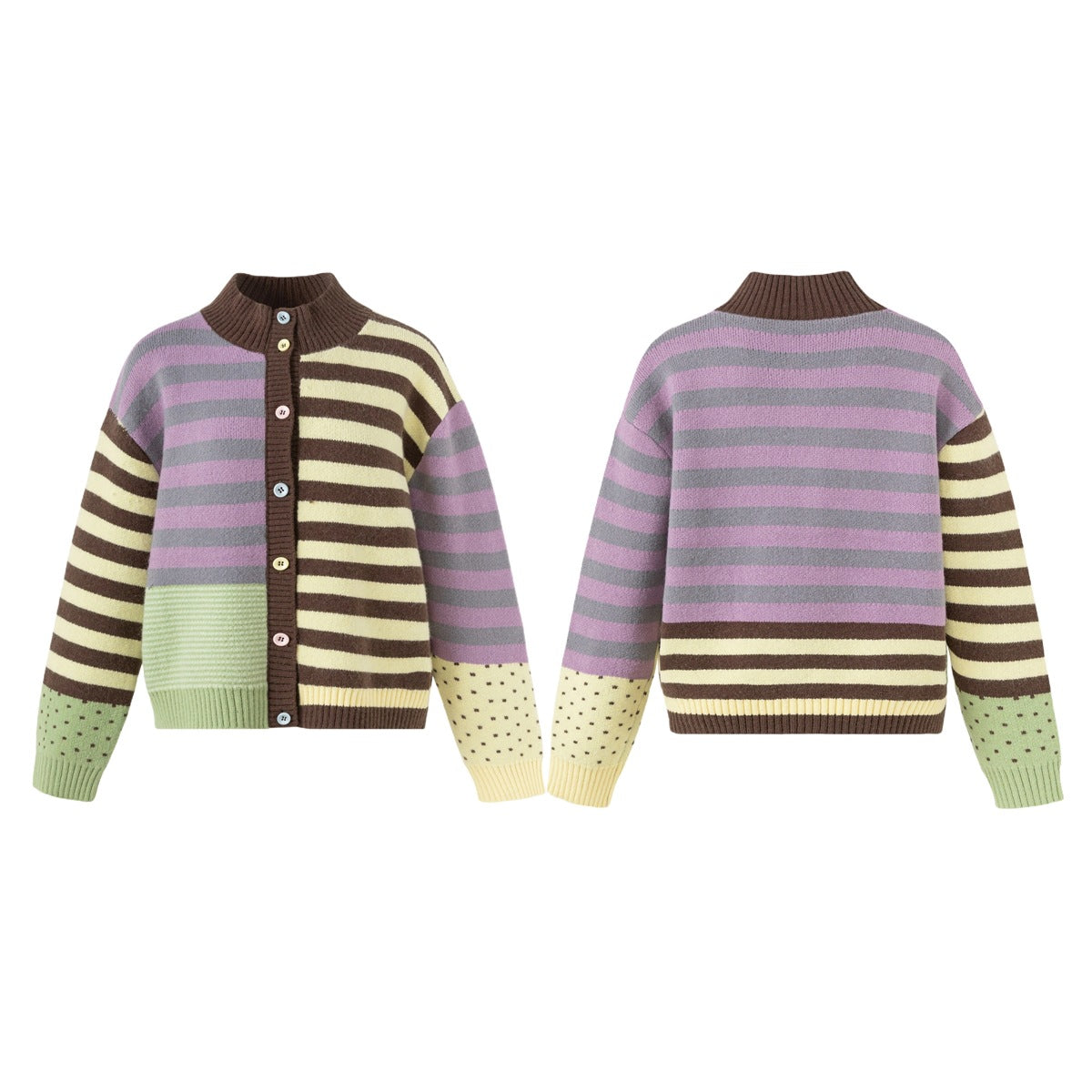 Front and back views of a button-front cardigan with a brown collar, mixed stripes, and dotted sleeve sections.