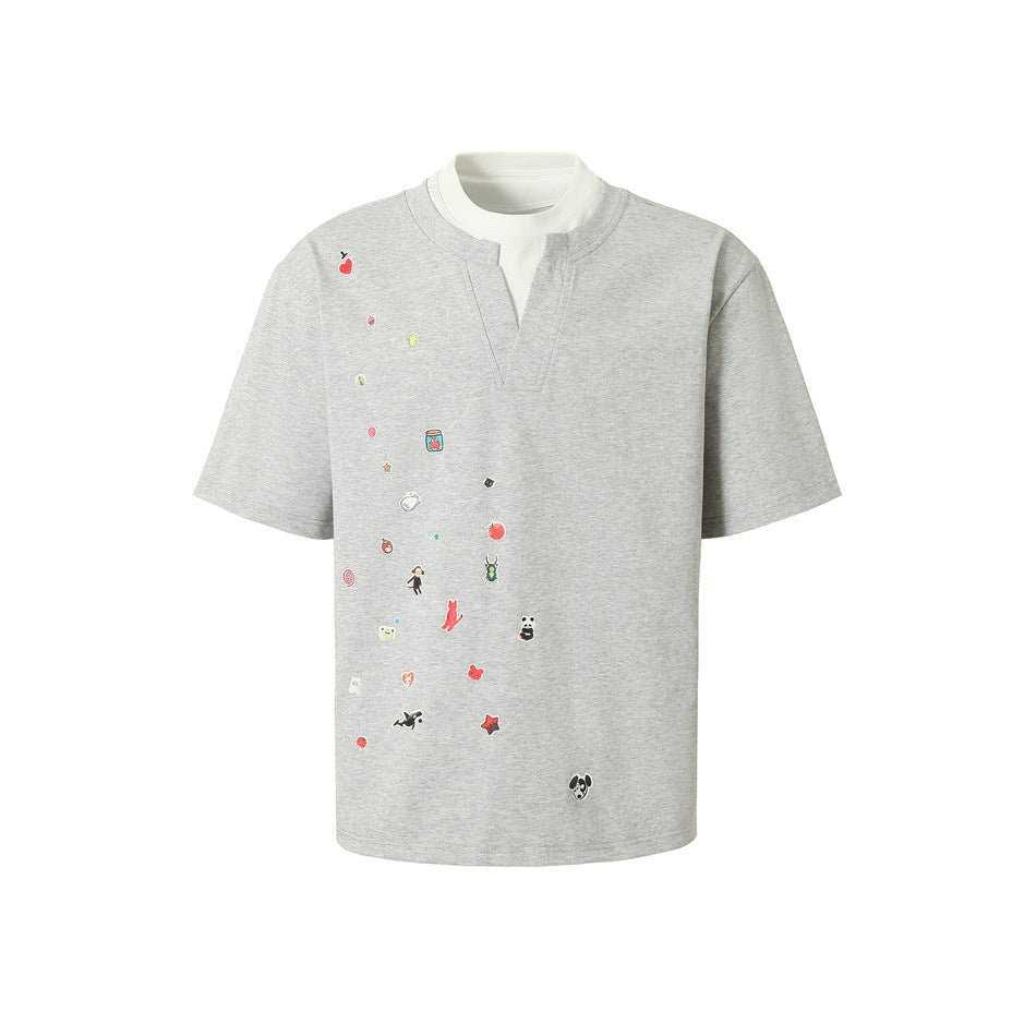 Heather gray short-sleeve T-shirt with white layered collar, notched V-neck and scattered colorful cartoon graphics