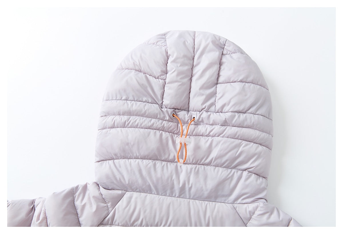 Close-up of the pale lavender jacket's padded hood with an orange adjustment cord.