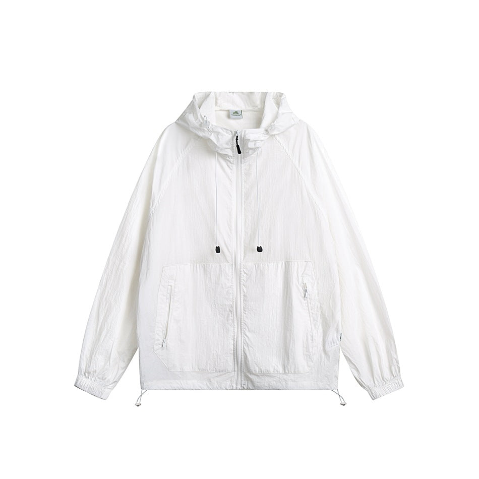 White hooded zip-up jacket flat lay with drawstring hood, zip pockets, elastic cuffs and hem toggles