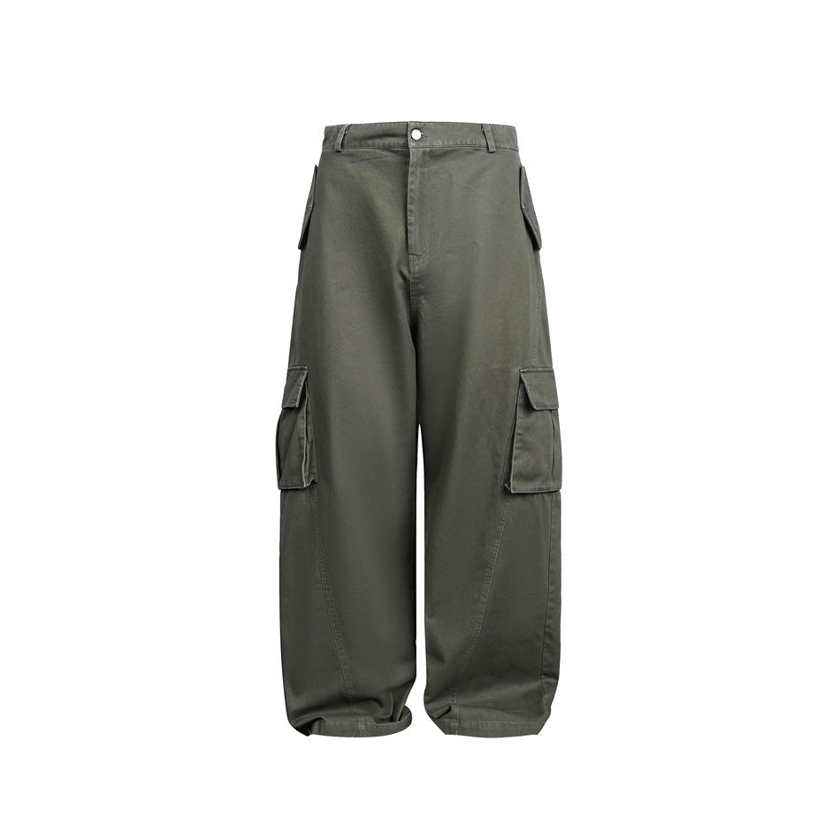 Olive green wide-leg cargo pants with large side flap pockets, flat lay front view on white background