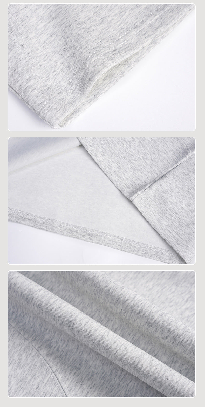 Close-up views of a light gray heathered T-shirt show stitched edges, a turned section, and the fabric surface.