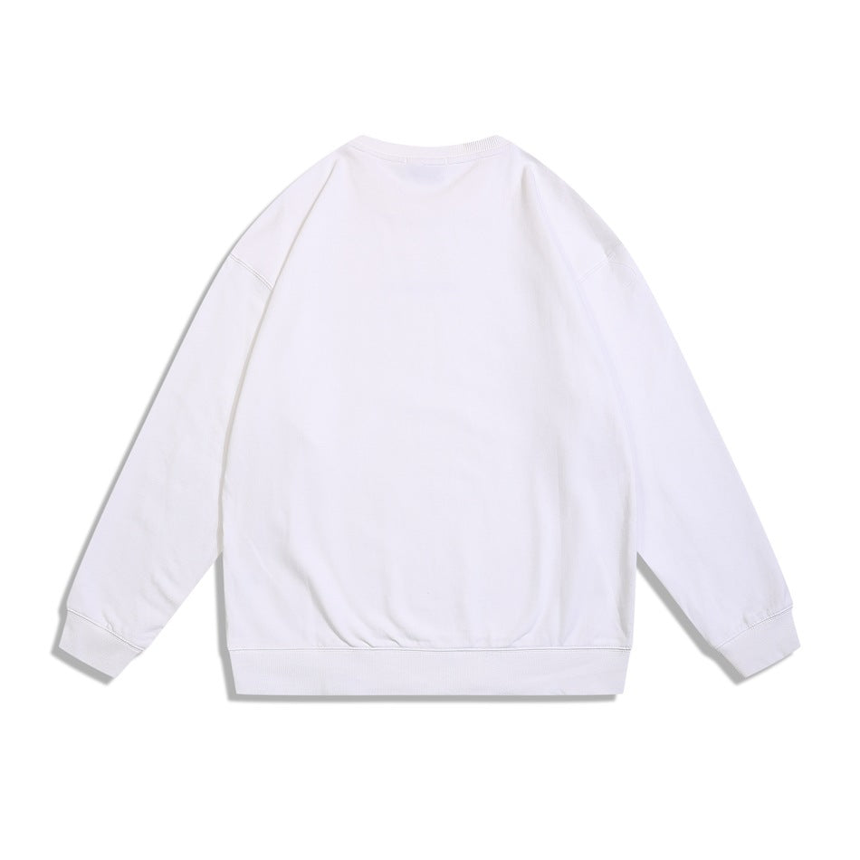 Back view of a plain white crewneck sweatshirt with long sleeves and ribbed trim.