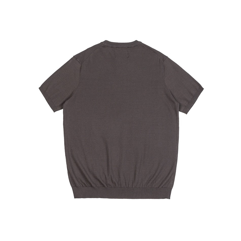 Back view of gray short-sleeve knit top flat lay with ribbed hem and cuffs