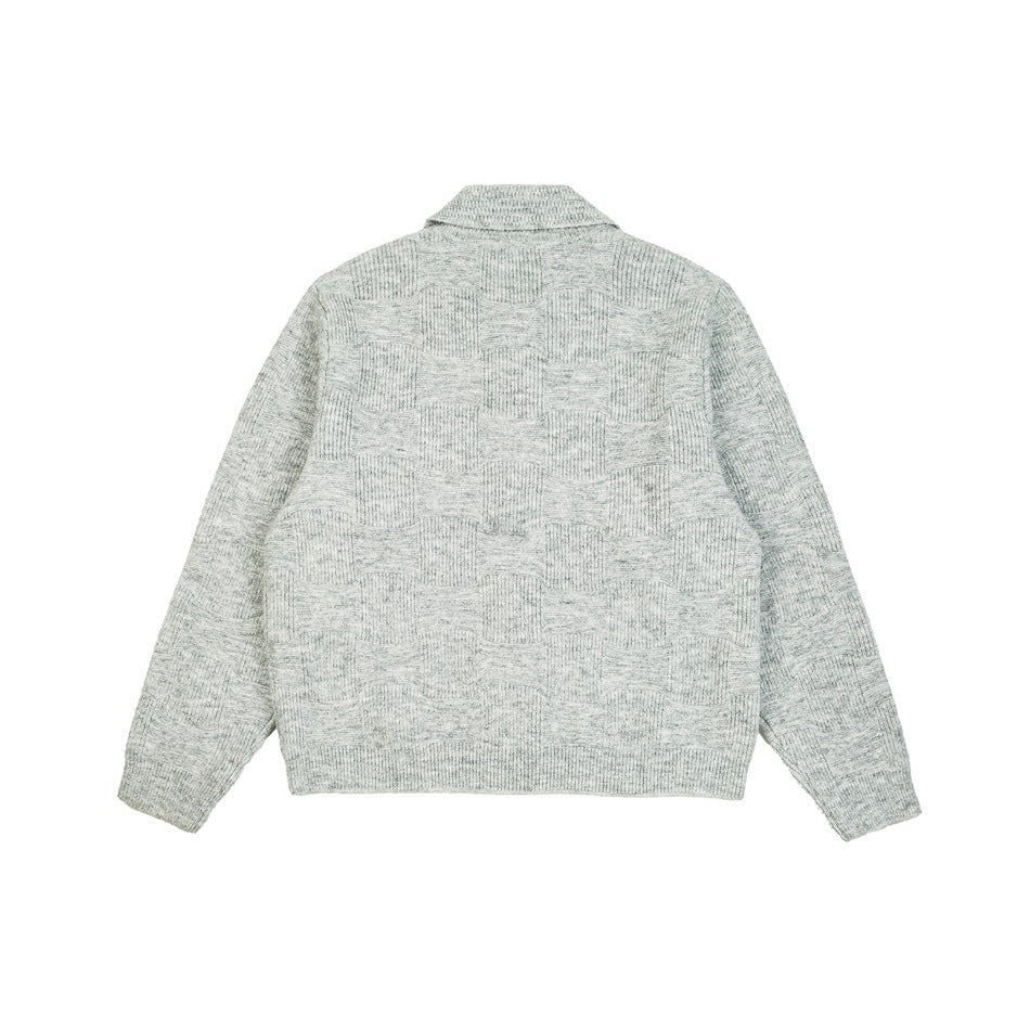 Back view of a light gray textured knit cardigan with a collar, long sleeves, and ribbed hem and cuffs.