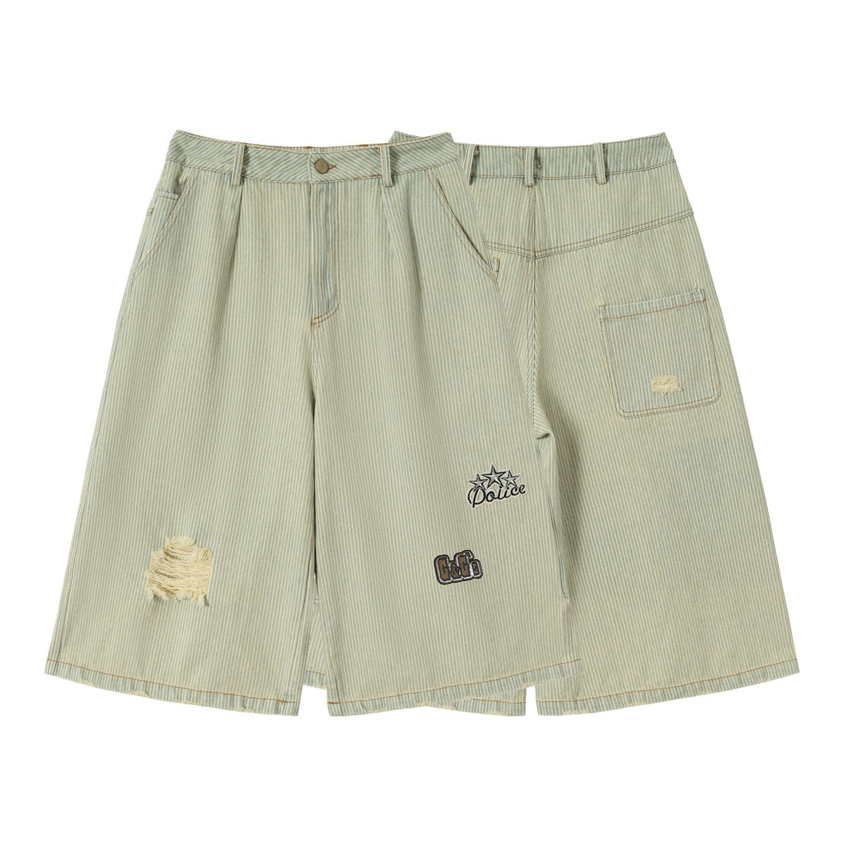 Pale blue pinstriped shorts shown overlapping from front and back, with distressed details, a back pocket, and embroidered
