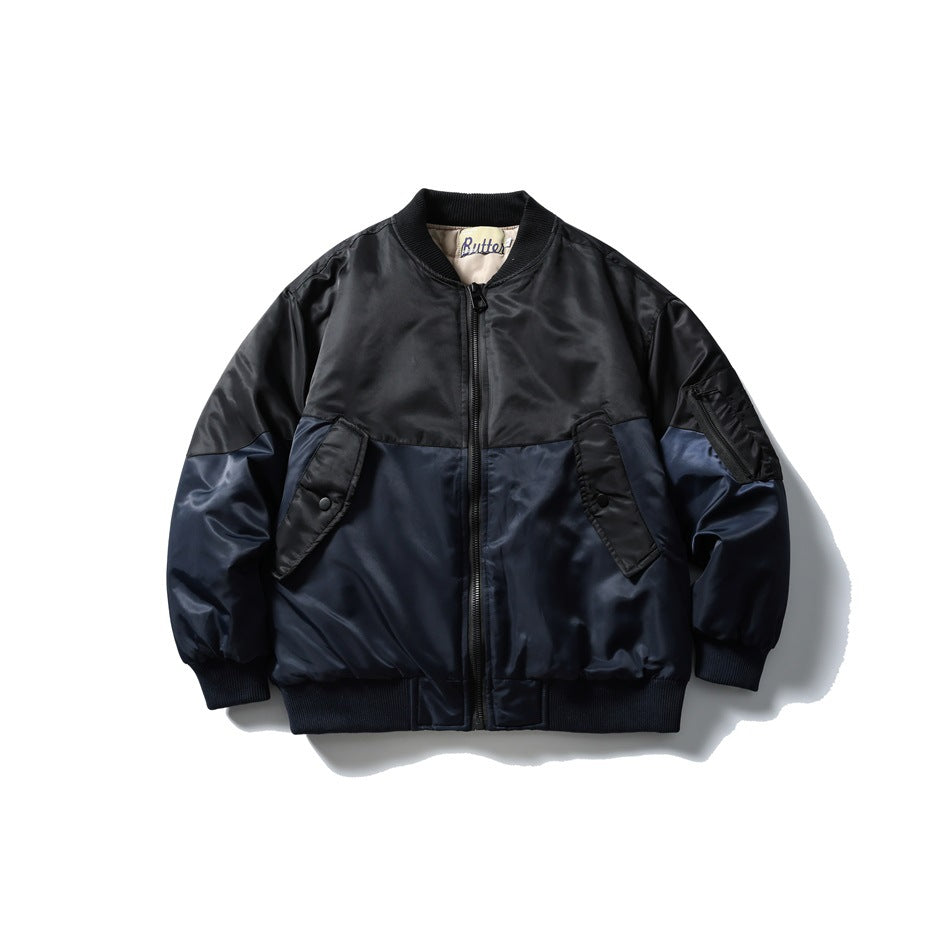 Navy and black color-block bomber jacket with ribbed collar, front zipper, snap-flap pockets and sleeve zip pocket